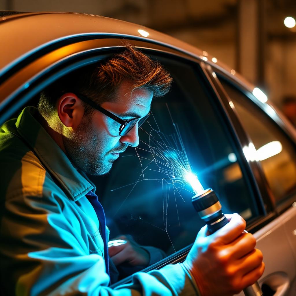 Technician inspecting cracked auto glass in Lubbock, TX