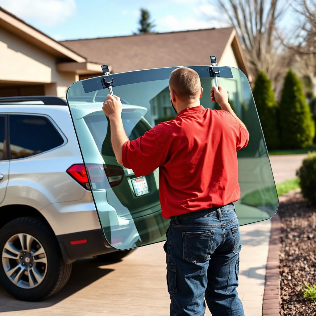 Auto glass technician carrying a new windshield to an SUV in Lubbock, TX
