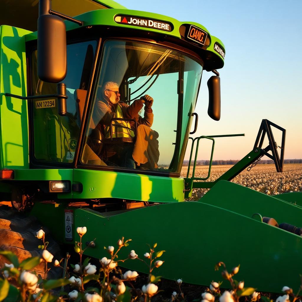 Cab glass replacement on a John Deere combine in a West Texas cotton field