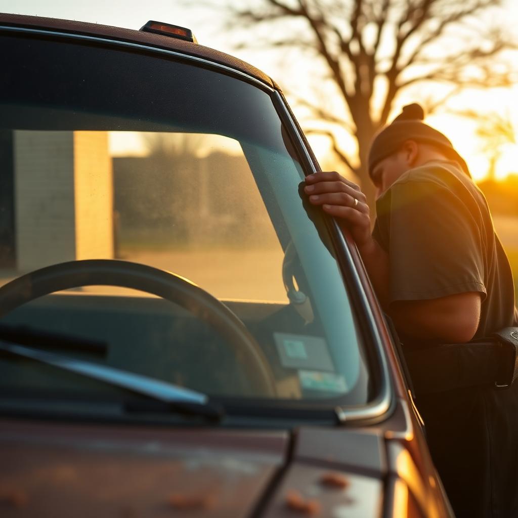 Auto glass technician replacing a pickup truck windshield in Lubbock, TX